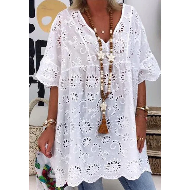 2023Amazon Independent Station European and American Women's Clothing NewVCollar Hollow Embroidered Blouse Short Sleeve Dress in