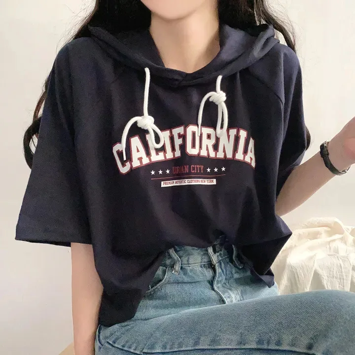 Women Clothing 2024 Casual Short Sleeve Hoodies T-shirt Summer Fashion All-match Female Letter Printing Patchwork Tops With Hat