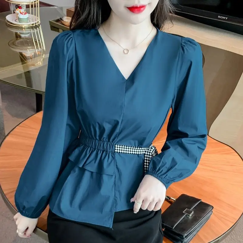 Women\'s Clothing Drawstring Bow Shirt Spring Autumn Commute Waist Ruffles Folds Fashion Asymmetrical Basic Casual V-Neck Blouse