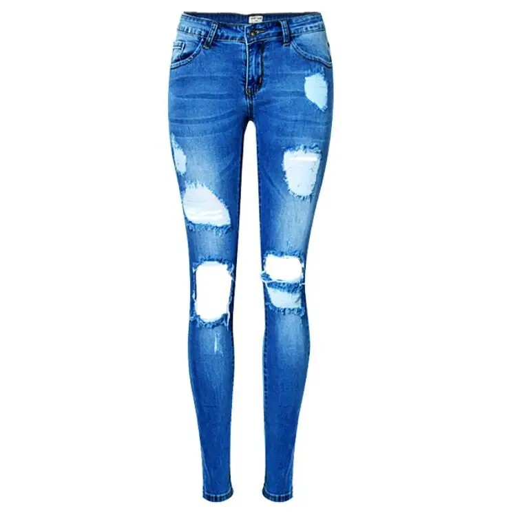 Women Jeans Skinny Low Waist Slim Elastic Denim Pencil Pants Knee Holes Low Waisted Denim Small Leg Pants