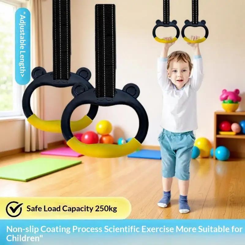 Kids Horizontal Bar With Gymnastic Rings Adjustable Hanging Straps For Pull-Up Hammock Play Children Fitness Strength Training