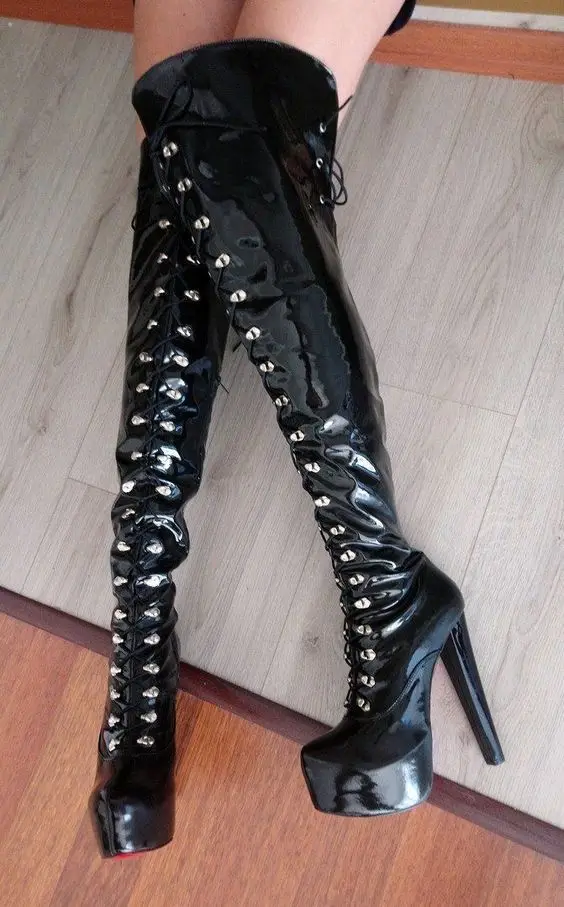 

Patent Leather Platform Sexy Club Lace up Boots Fashion Dance Women Chunky High Heel Boots Thigh High Lady Shoes Night 2024