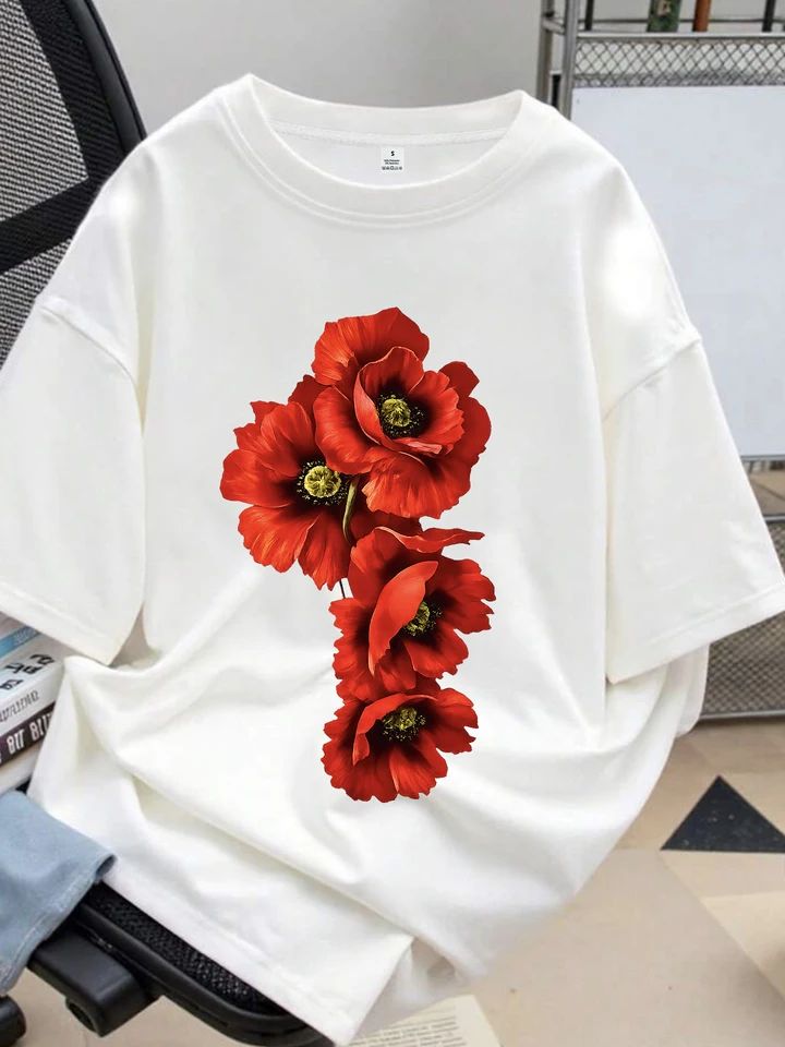 ZXH10675】Flower print women's round neck T-shirt summer casual