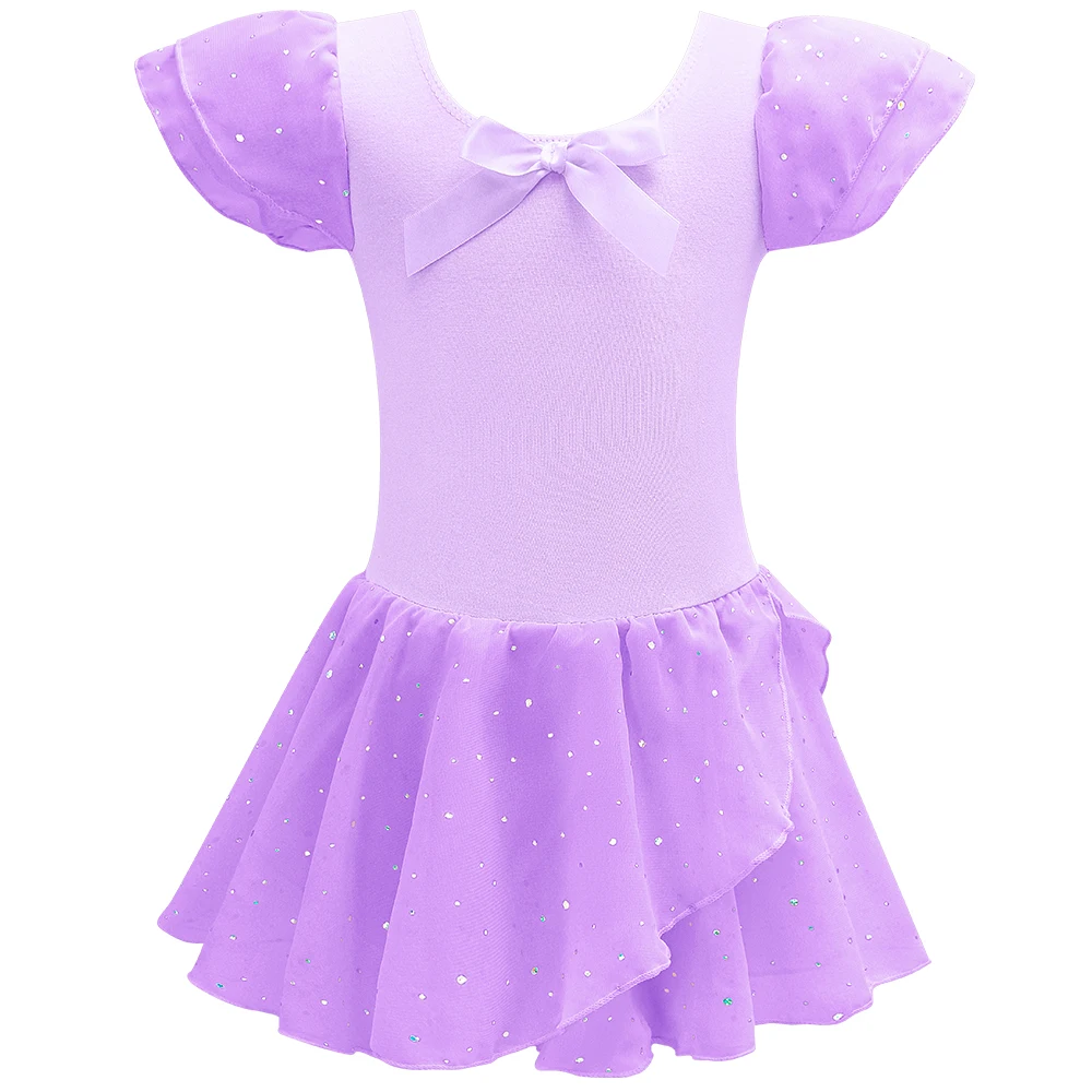 Girls Glitter Leotards for Ballet Dance Dress with Tutu Skirt Ruffle Sleeve Ballet Leotard Performance Clothing