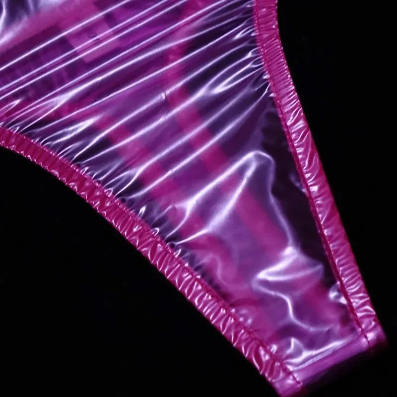 String en plastique souple pour hommes et femmes, rose, Sexy, brillant, dos en T, taille basse, PVC, Transparent, slip érotique pour Couple, culotte imperméable