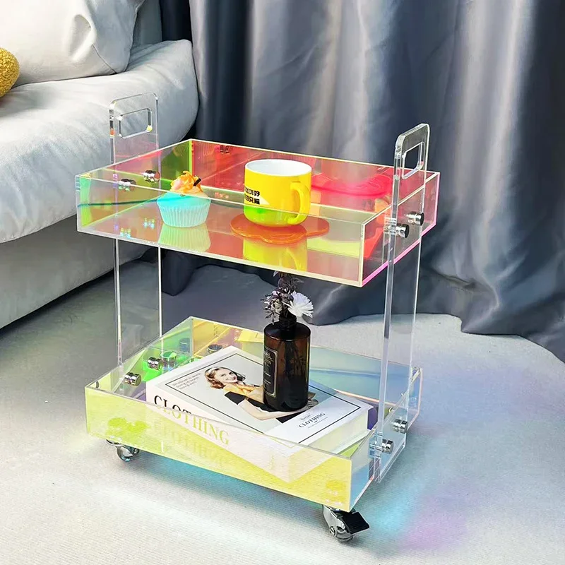 Colorful simple acrylic shelf, three-layer transparent movable side table, living room snacks movable trolley
