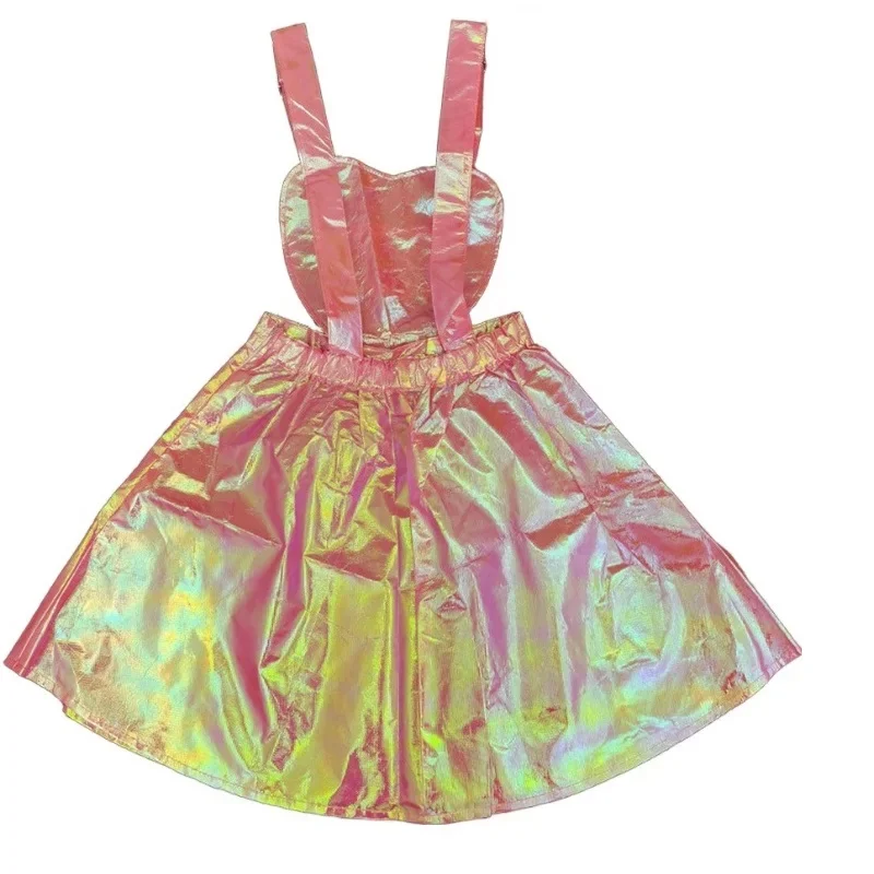 Girls Pink Laser Hologram Change Color Chic Cami Dress Strap Skirt Overalls Stage Show Music Festival DJ Club Singers