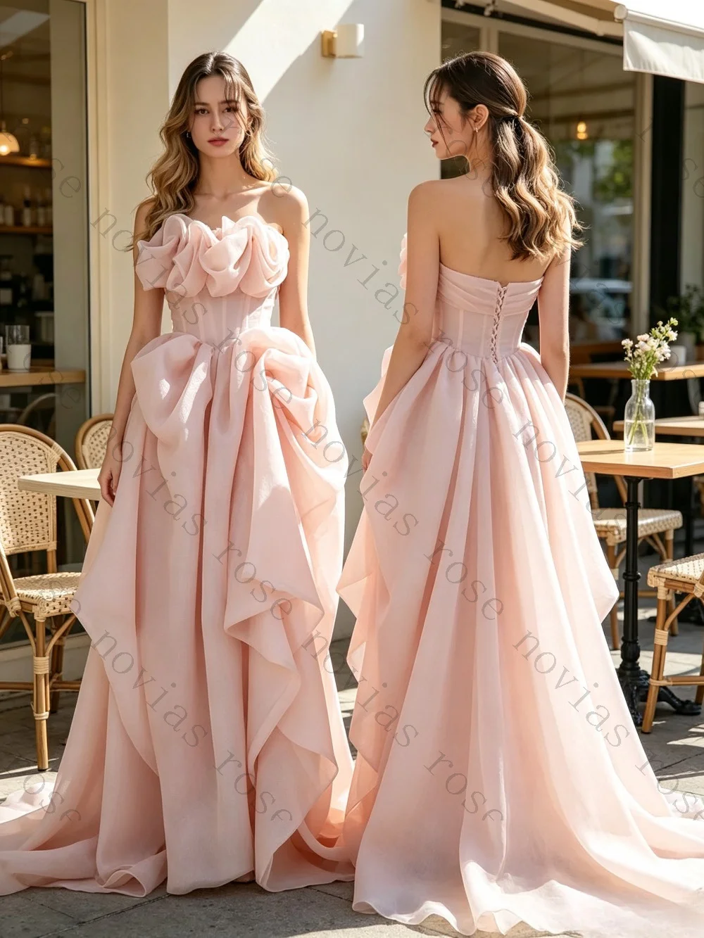 Customized Strapless Pink Pleated A-line Wedding Dress 2026 Popular Romantic Layered Bridal Gown Zipper Back Suitable for Beach