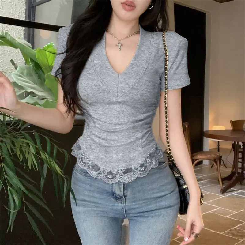 

Fashion Short Sleeve T Shirt Women Y2k Vintage Lace Trim Black Gothic Top Summer Korean Skinny Sexy Tshirts Streetwear Harajuku