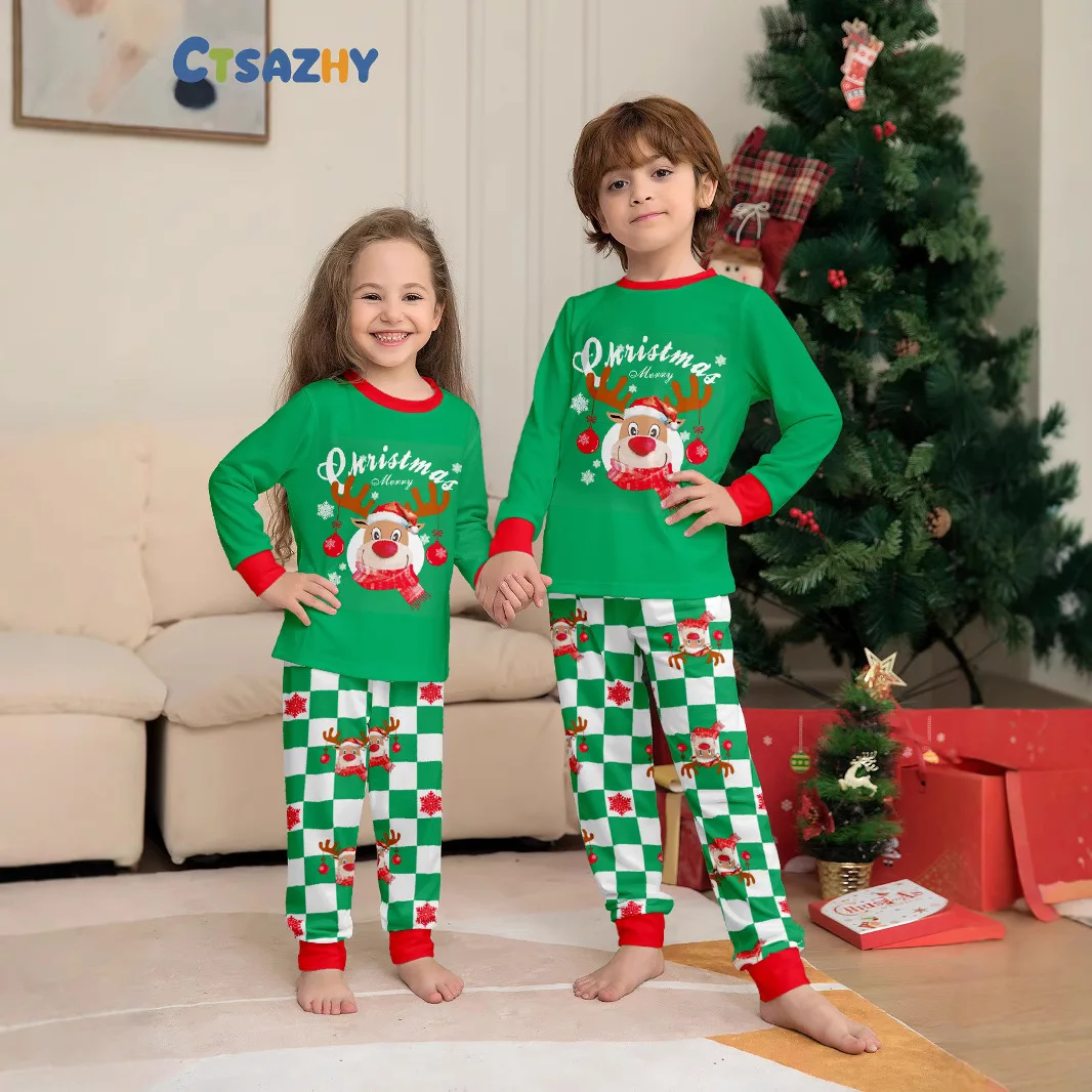 

Cristmas Family Pijama，New Year and Christmas family wear, Green checkered cotton long-sleeved pajama set for a family of four