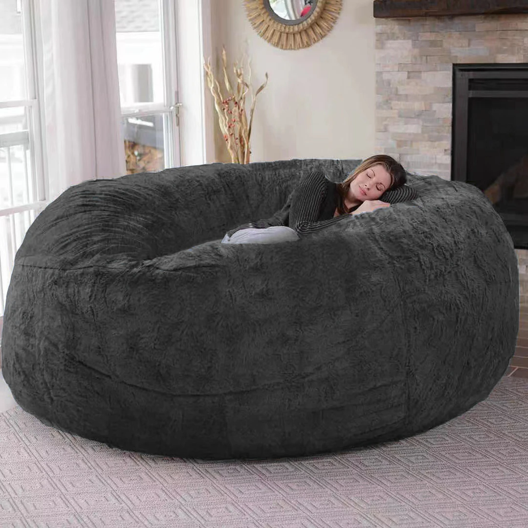 (no filling) dropshipping 7ft fur fabric giant beanbag cover Lazy Sofa bed living room Soft Fluffy Faux Fur big Round Bean Bag