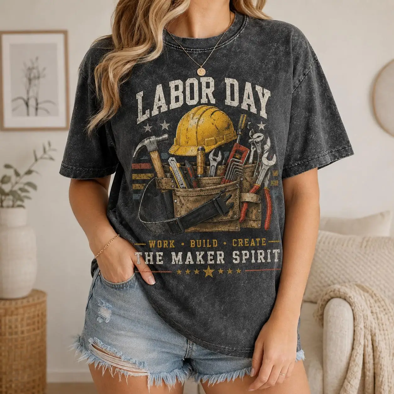 Labor Day The Maker Spirit Vintage Washed T-Shirt, Retro Tool Belt Hard Hat Graphic Tee
