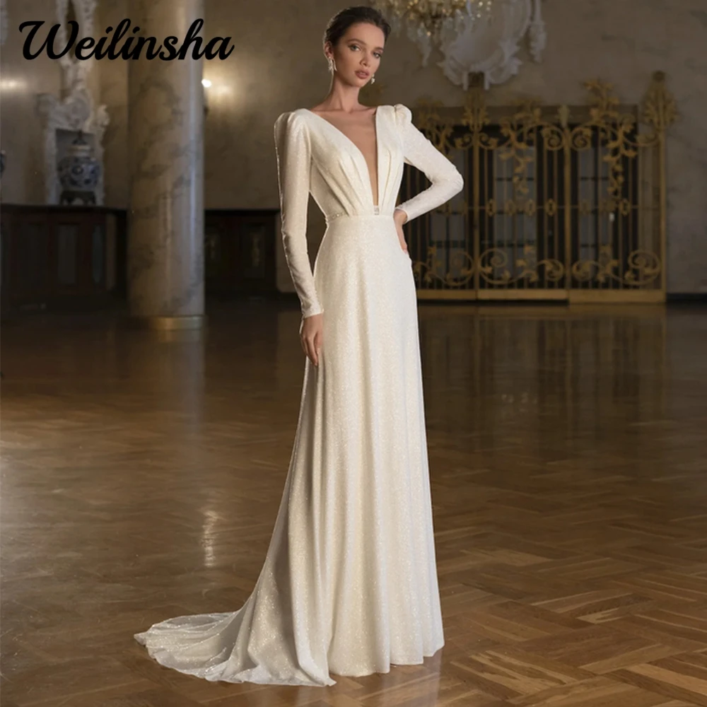 Customized Weilinsha Modern Sparkly A Line Deep V Neck Wedding Dress Tulle Long Sleeve Dresses For Bride Court Train Open Back C