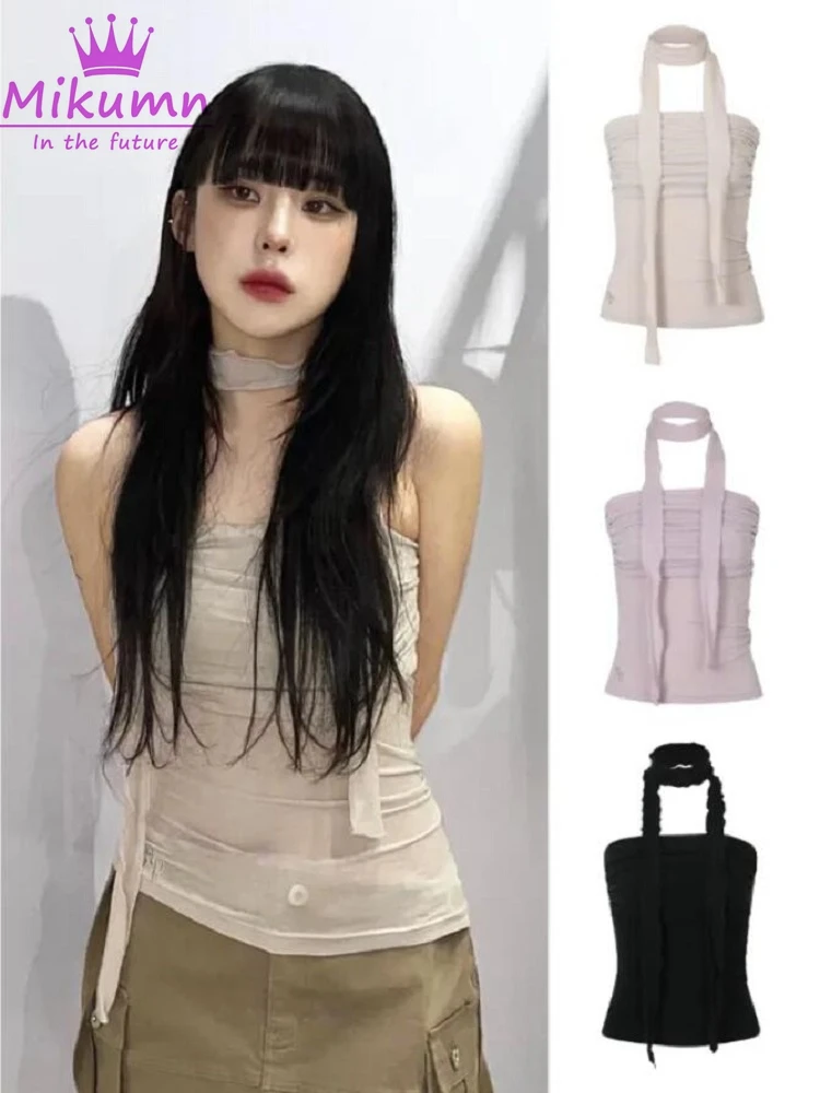 Korean Strapless Ruched Tube Top Women Sexy Elegant Off Shoulder Sleeveless Summer Y2K Outfits Solid Color Tank Top With Scarf