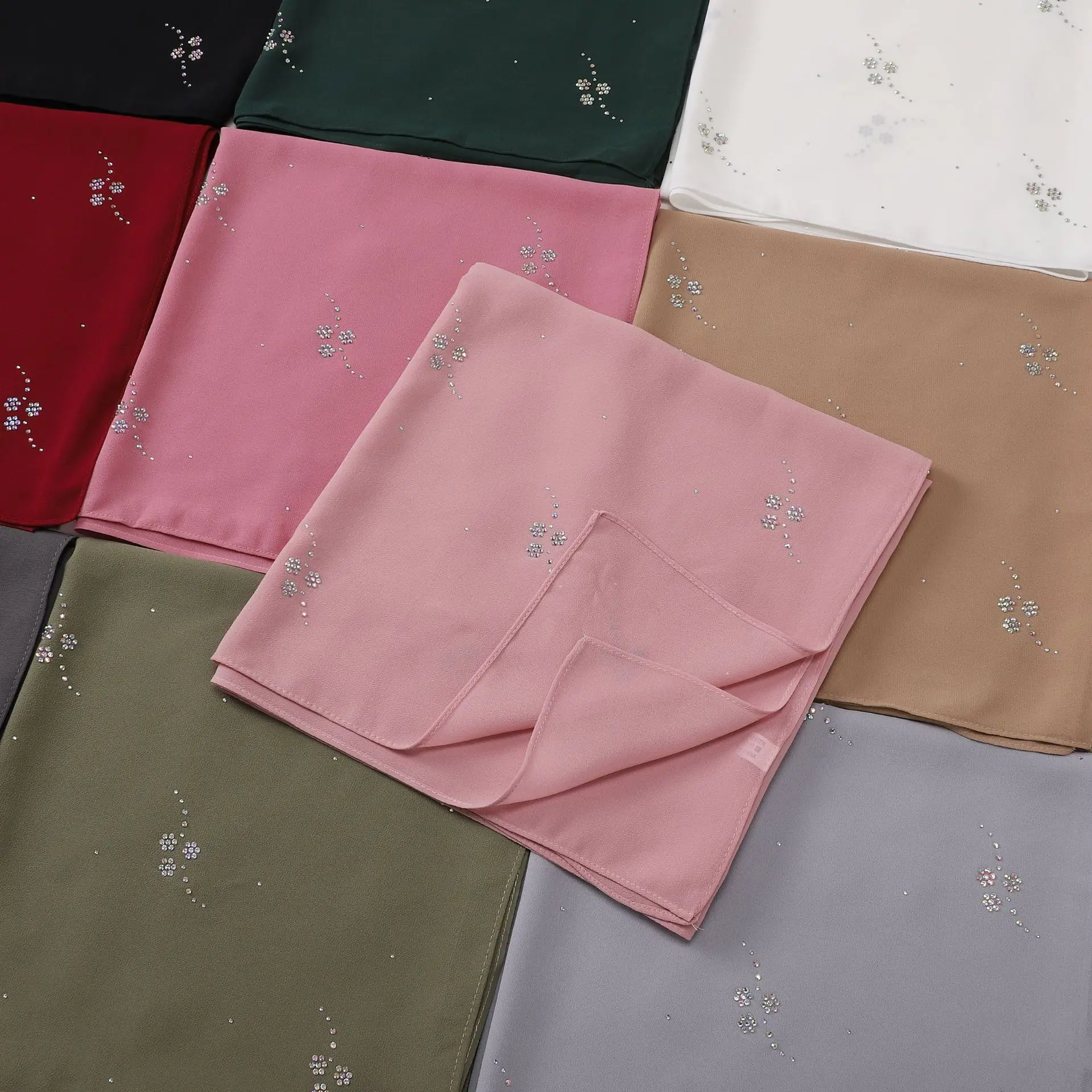 Pearl Chiffon Square Scarf Women Long Scarves Muslim Hijab Shawls Wrap Turban Rhinestone Headscarf Bandanas Kerchief 110*110cm