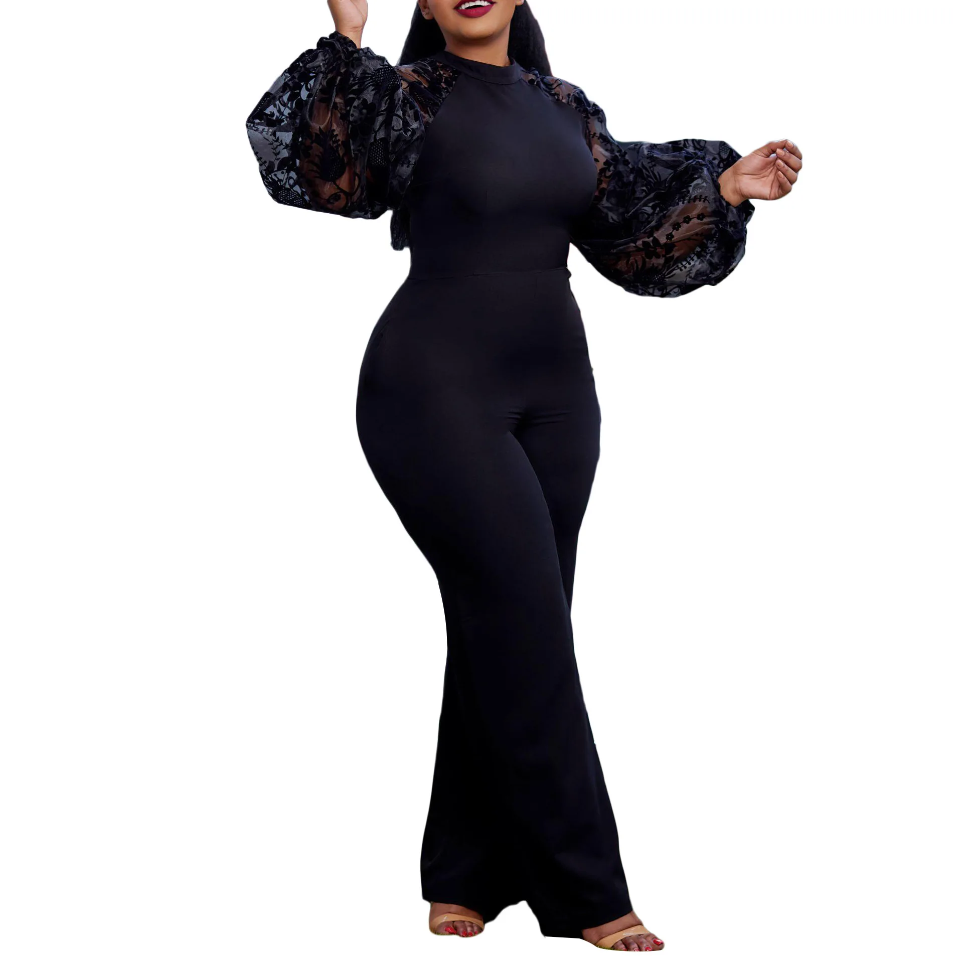 

Spring 2024 plus Size Faionable OL One-Piece Suit with Me Bubble Sve Wide Leg Pants High Waist Polyester Fabric