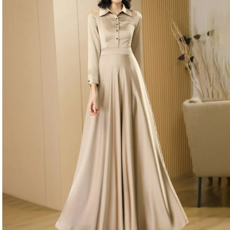 Autumn Large Swing Skirt Temperament Long Champagne Color Dress Polo Collar Button Slim Elegant Simple Waist Acetic Acid Dresses