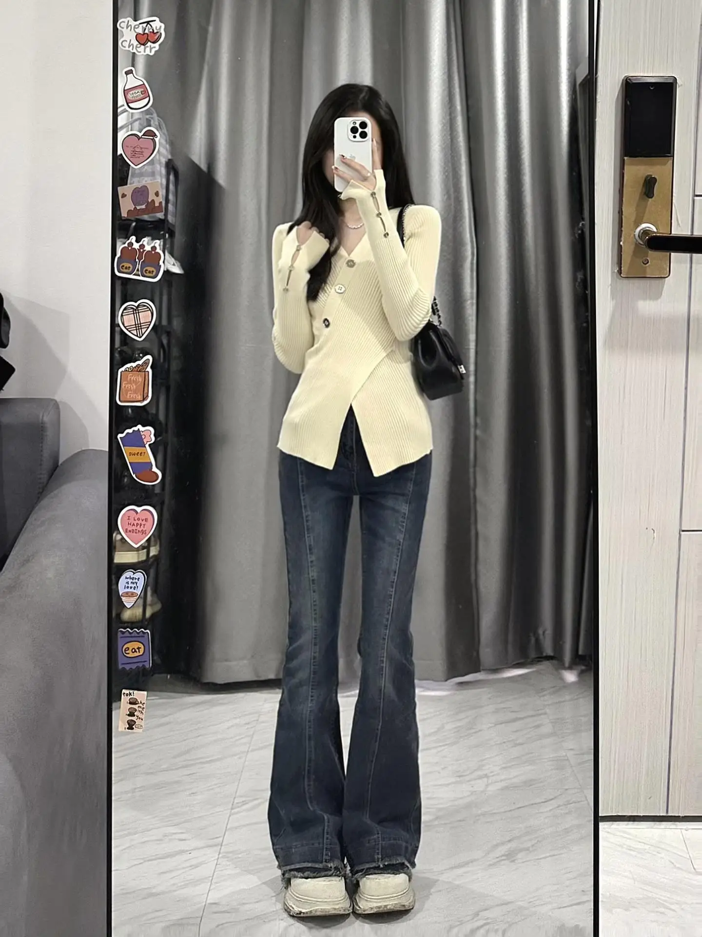 

Slim Fit V-Ne Knitted Long Sve Irregular Patterned Sweater A-Line Hemline Korean Sle Office Wear Single Piece