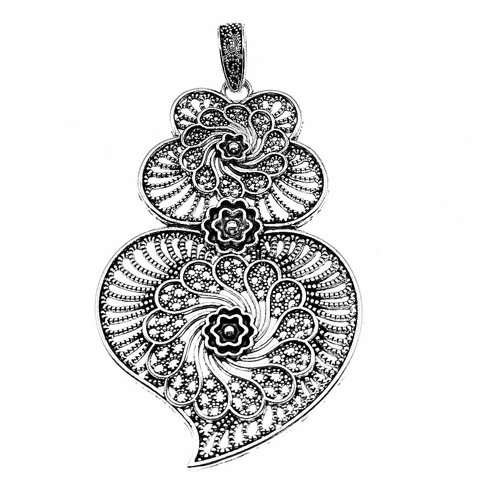 WYSIWYG 1pcs 90x50mm Filigree Big Carved Flower Heart Charm Pendant For Jewelry Making