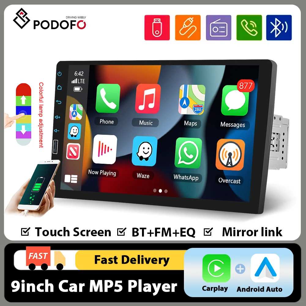 Podofo 9'' Touchscreen Autoradio Kabelloses CarPlay Android Auto MP5-Player BT FM Rückfahrkamera Lenkradsteuerung Universal
