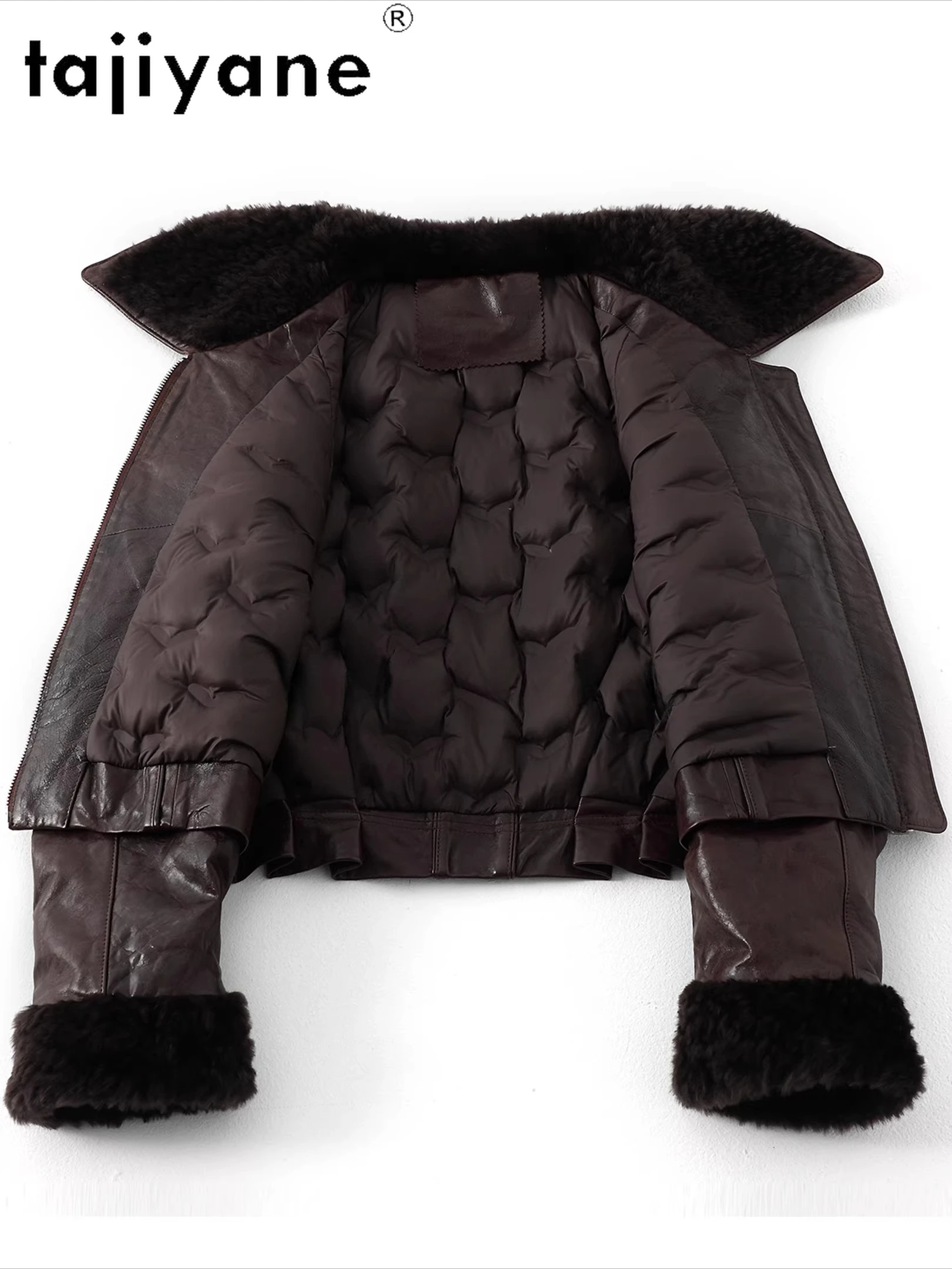 TAJIYANE Ölwachs-Schaffell-Gänsedaunenjacke für Damen, kurze Pufferjacken aus echtem Leder, Wollkragen-Mantel, 2025, Winterkleidung ), Pinter