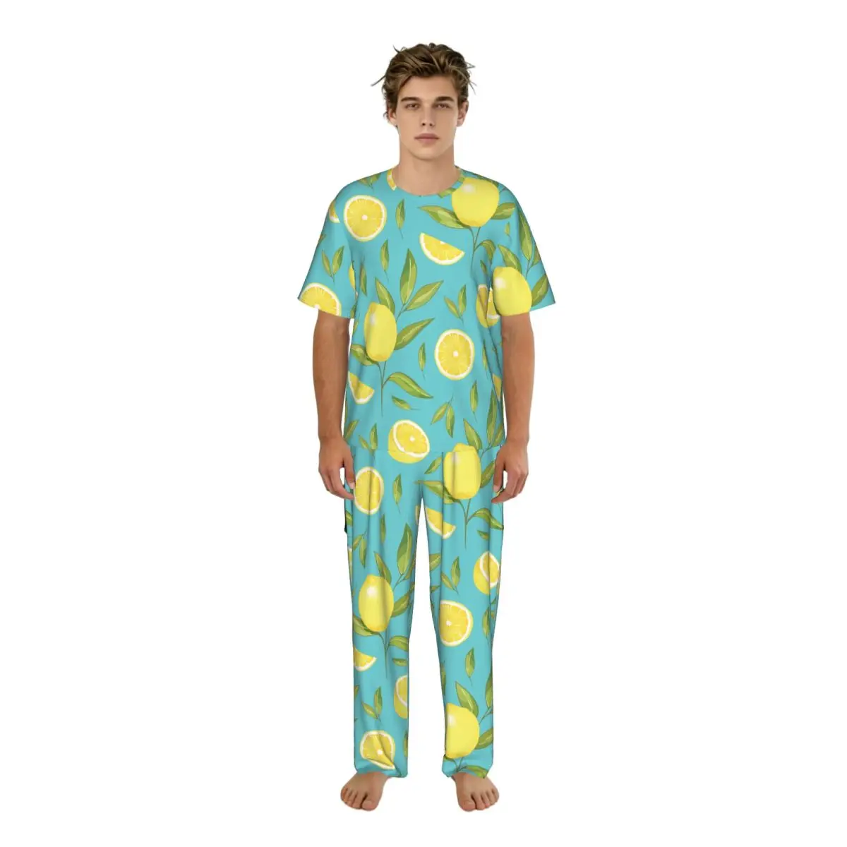 

Мужские повседневные пижамные комплекты с короткими рукавами и брюками, мужская одежда для сна, домашняя одежда с рисунком желтых лимонов и листьев
