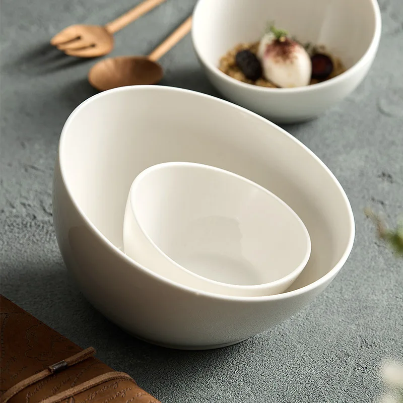 Ceramic Bowl Household Noodle  Fruit Salad  Premium White Oblique Bowl Sweet Hot Pot Dipping Commercial