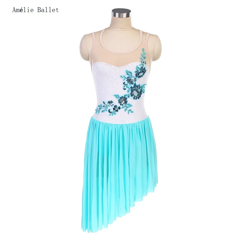 

18708 New Arrival Ballet Dress Women & Girls Lyrical Contempory Dance Costume White Lace Bodice with Sky Blue Tulle Skirt