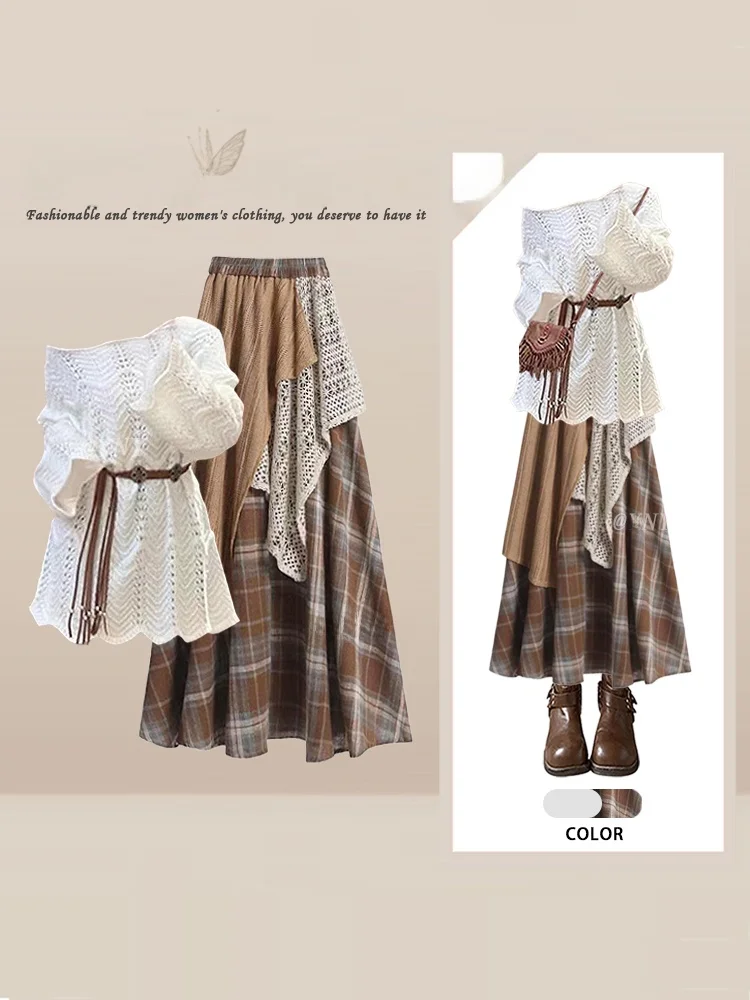 Women's Hollow out Patchwork Plaid  Skirt And Top Set Autumn Design Sense Two Piece Set Long Sleeve round Neck Knitwear
