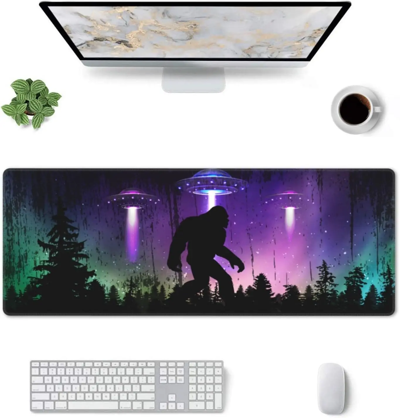 Funny Bigfoot Green Forest Galaxy Purple UFO Mouse Pad XL Extended Desk Mat Non Slip Rubber Base Mice Pad 31.5 X 11.8 Inch