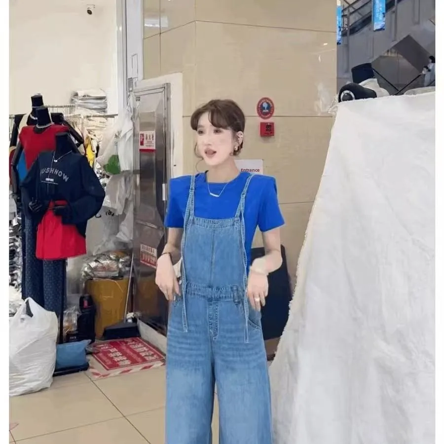 

Deep Blue Denim Overalls Women's Summer New Design Casual Versatile High Waist Straight Leg Floor-Length Pants