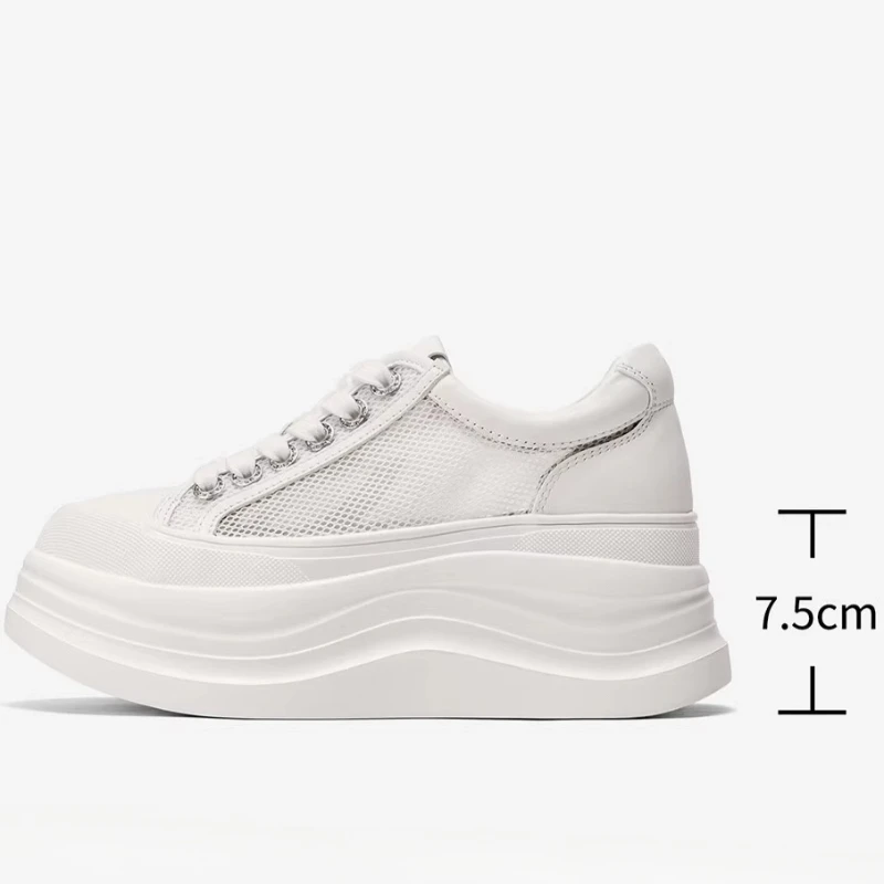 Mesh White Shoes Women's Genuine Leather Breathable Sports Casual Shoes Spring/Summer Ultra Light Sole Height Increasing Shoes