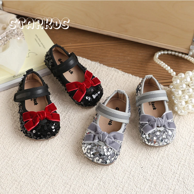 Perlage Sequins Bowknot Ballet Flats Baby Girl Glitter Mary Jane Loafers Toddler Kids Soft Sole Stage Bling Dress Velvet Shoes