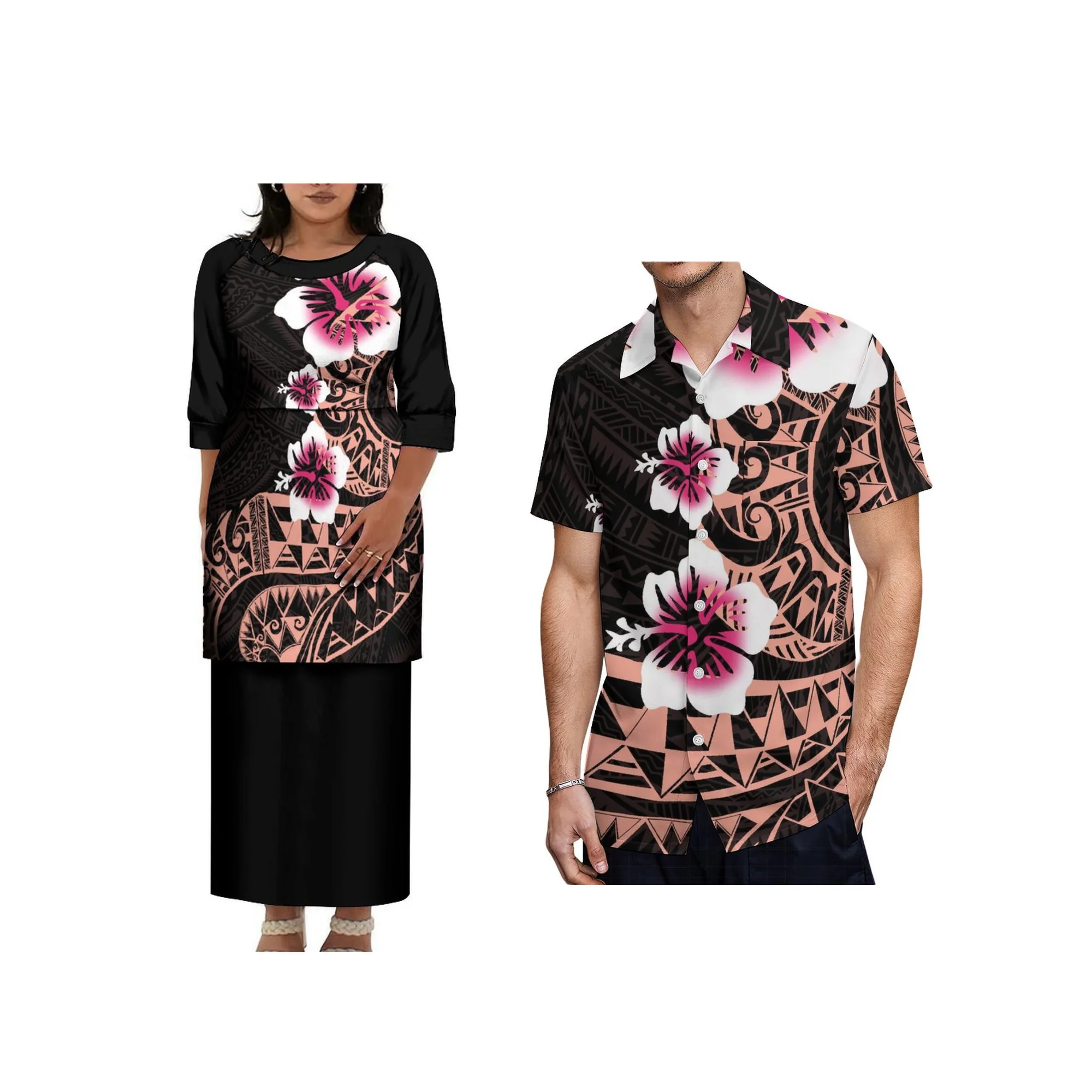 Best Price Custom Polynesian Tribal Design Tonga Samoan Puletasi Set Dress Plus Size Womens Round Neck Long Dress 2pcs