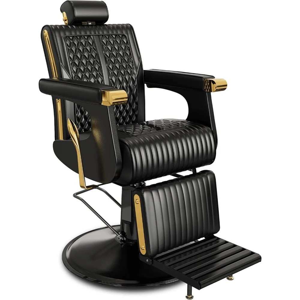 

Modern Barber Chair – Comfortable Black Salon Design with Gold Trim, Reclining Hairdressing Chair & Removable Headrest