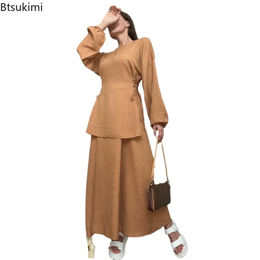 2024 Middle East Arab Women Muslim Sets New Fashion Lace-up Long Sleeve Shirt+Long Skirt Casual Suit Women Islam Modest Clothing