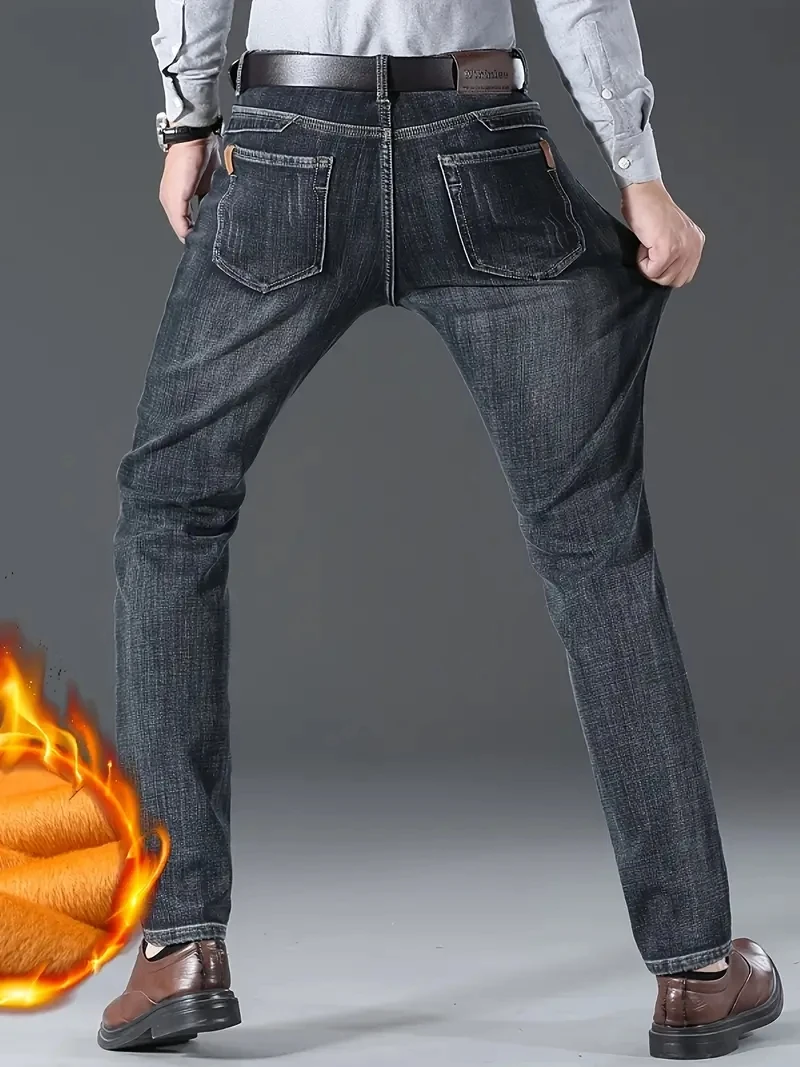 

2025 мужские зимние классические деловые качественные флисовые брюки известного бренда, прямые брюки, зимние теплые плюшевые эластичные джинсы