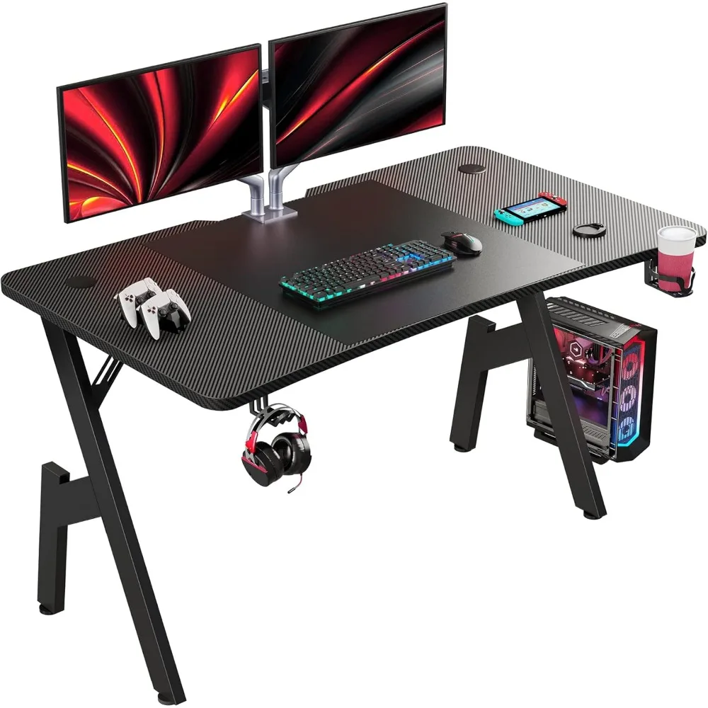 120 x 60 cm Bureau Gaming, Bureau Gamer Informatique Ergonomique, Table Gaming en Fiber de Carbone, Bureau Gamer avec Porte Gobele