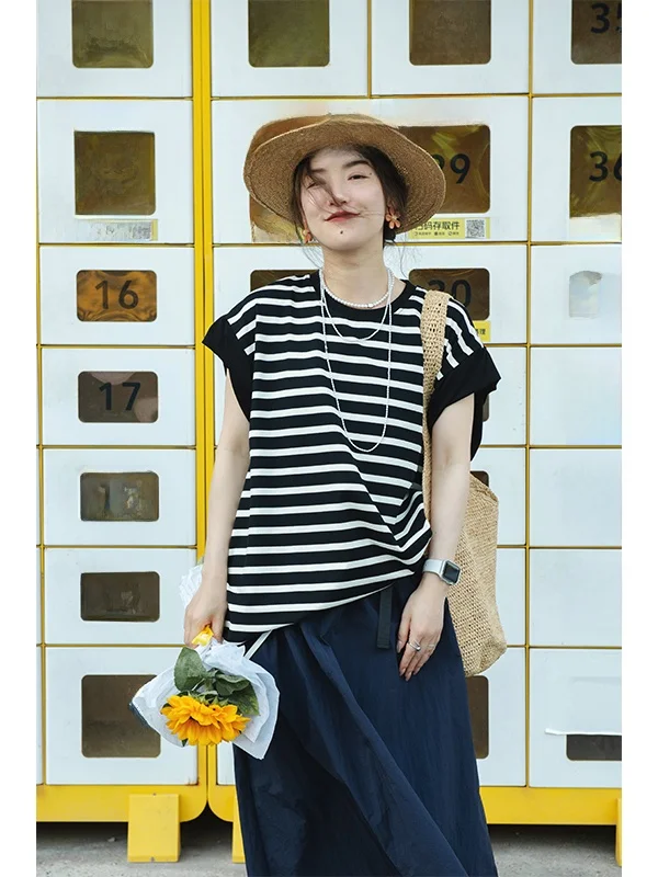 

VEENJOY25 Sea Breeze Lazy Contrast Color Small Flng Sve Loose Striped Tee Women's Loose Fit ort Sve Cotton T-irt