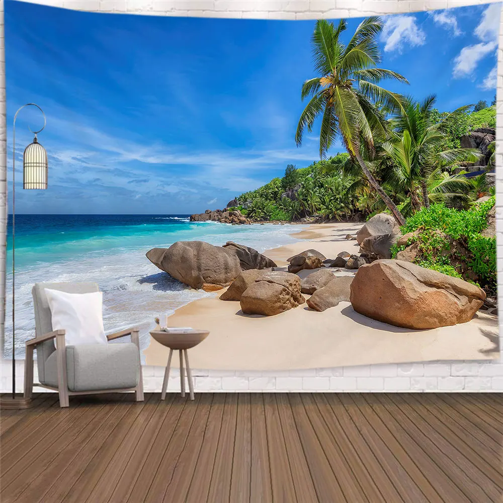 Tropical Plant Seascape Tapestry Wall Hanging Nordic Ins Coconut Tree Ocean Tapestries Background Cloth Ceiling Home Decoration