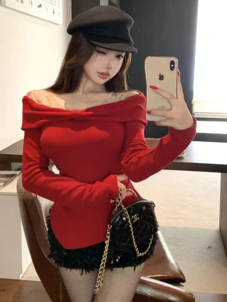 

Red Lace Base Shirt Christmas Theme One Shoulder Sexy Inner Wear Casual Style Knitted Long Sleeve T-Shirt for Young Women