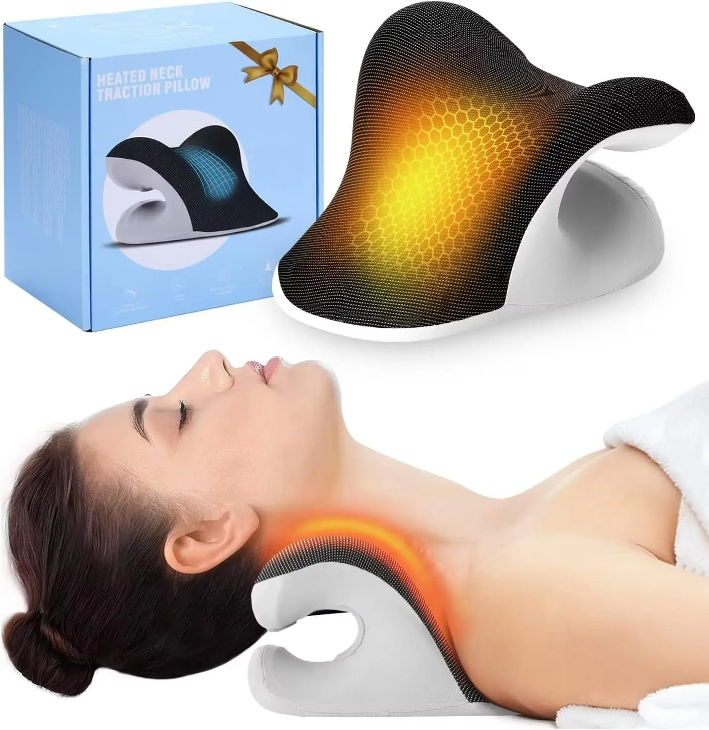 Heated Neck Stretcher Therapy Pillowcase, Head Body Back Waist Massager Cervical Pillow ,Memory Foam for Neck Shoulder Relaxer