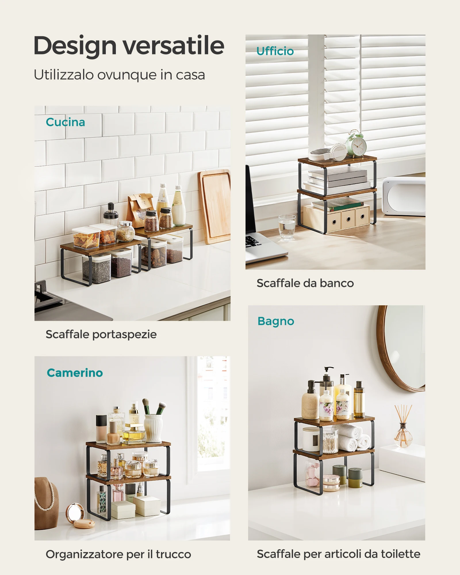 مجموعة SONGMICS مكونة من رفوف توابل خزانة قابلة للتوسيع، منظم رف المطبخ قابل للتكديس، معدن/خشب، أسود/بني ريفي #4