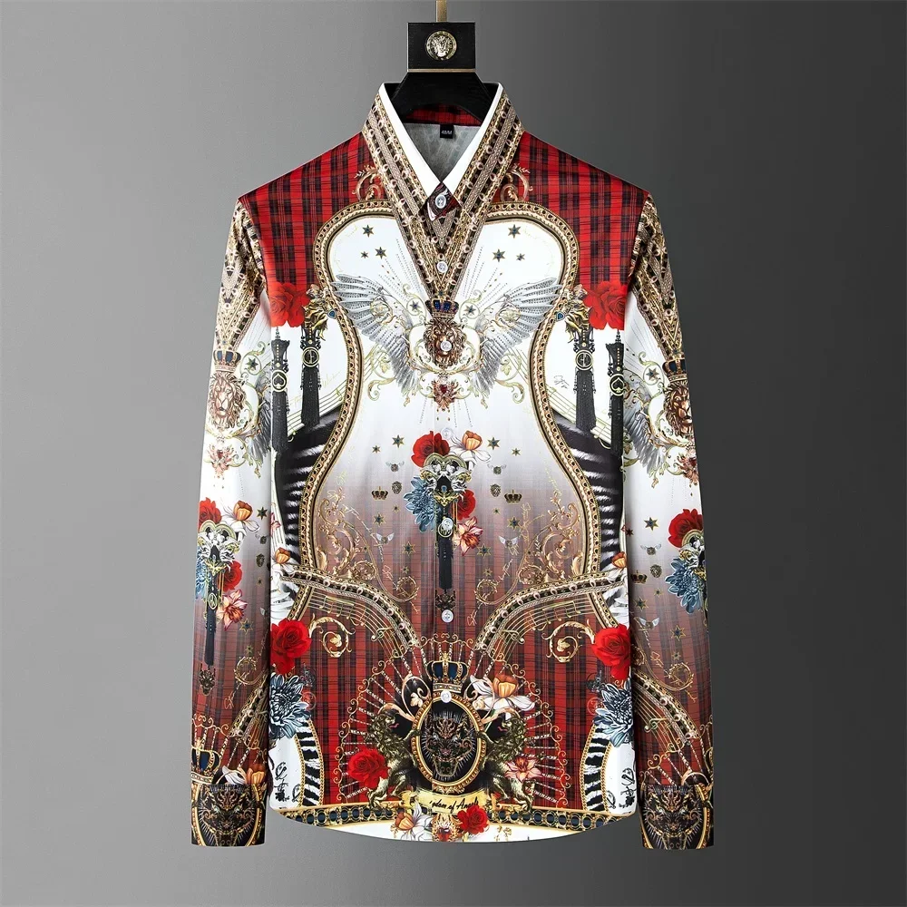 Luxury Retro Printed Shirt for Men Crown Diamond Casual Social Shirt Long Sleeve Slim Fit Business Party Tuxedo Blouse M-5XL