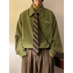 Men Long Sleeve Shirt Men Japanese College Style Loose Long Sleeve Inside Wearing Tie Students Green Shirt Top Men Base Shirt
