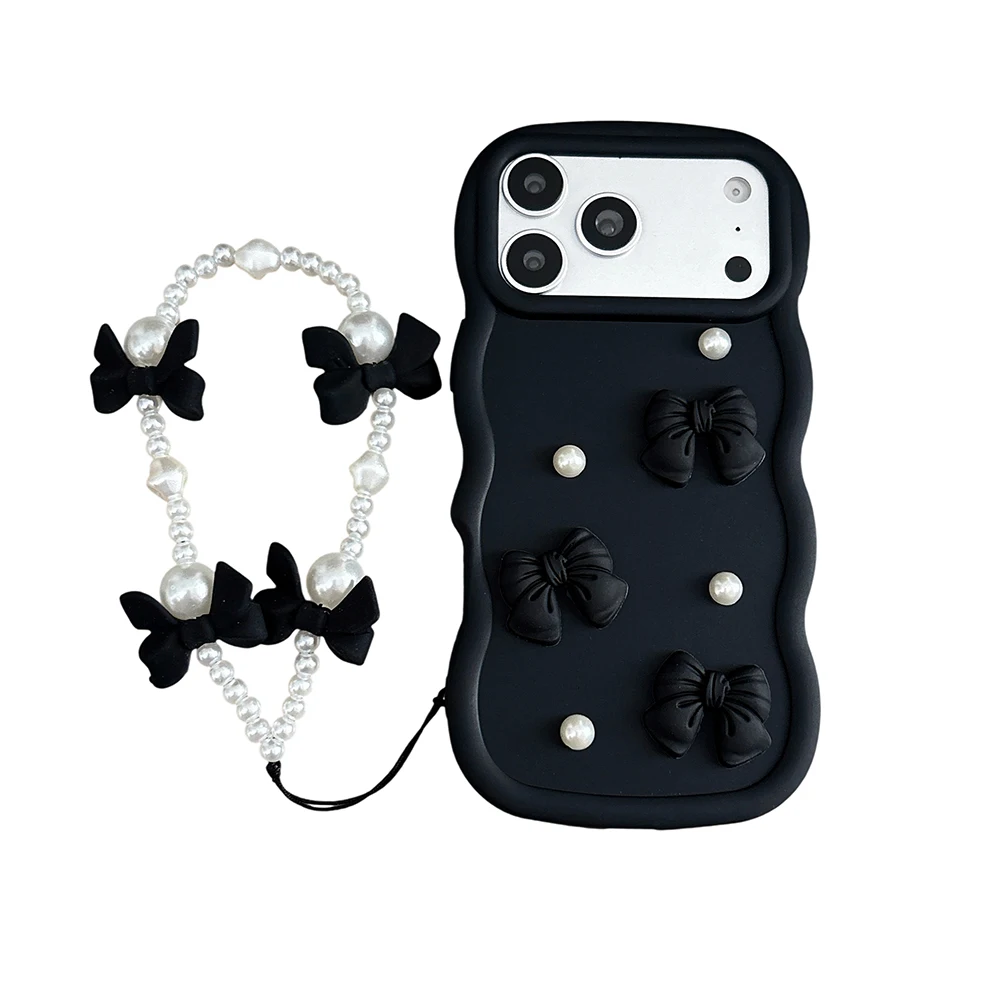 Cute 3D Bowknot Pearl Candy Wavy Silicone Phone Case For Samsung Galaxy S26 S25 S24 S23 Ultra Plus S21 S20 FE With Chain Cover