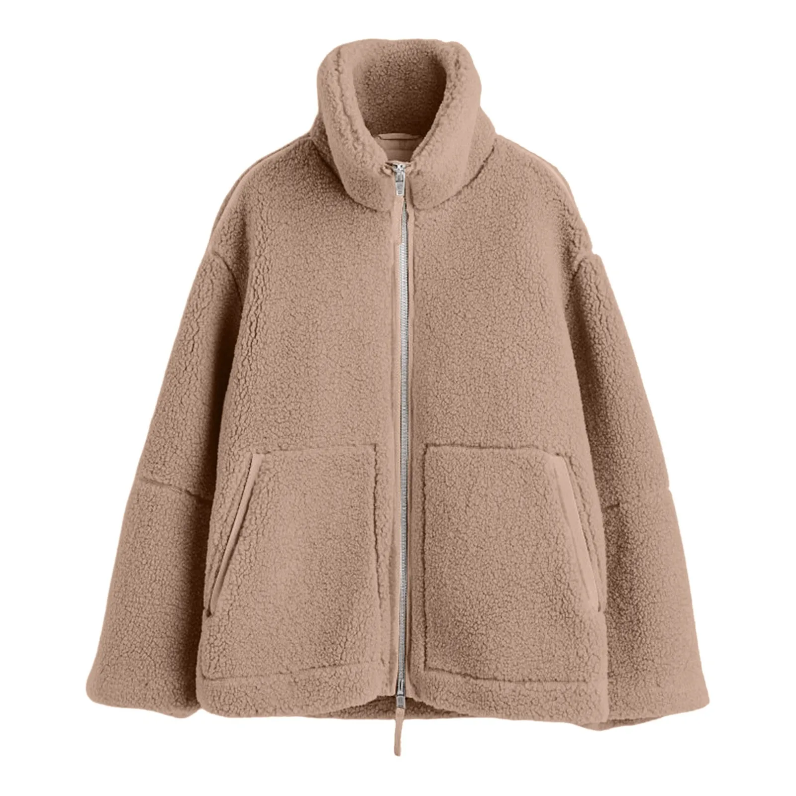 Fleece Women Outwears Coat Solid Color Warm Long Sleeve Stand Collar Loose Double Zip Lamb Wool Jackets Autumn Fashion Cardigan