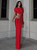 Nibber Irregular Hollow Dress Women Ruched Diagonal Collar Shorts Sleeve Waistless Slits Street Trend Temperament Long Bodycon - Image 5