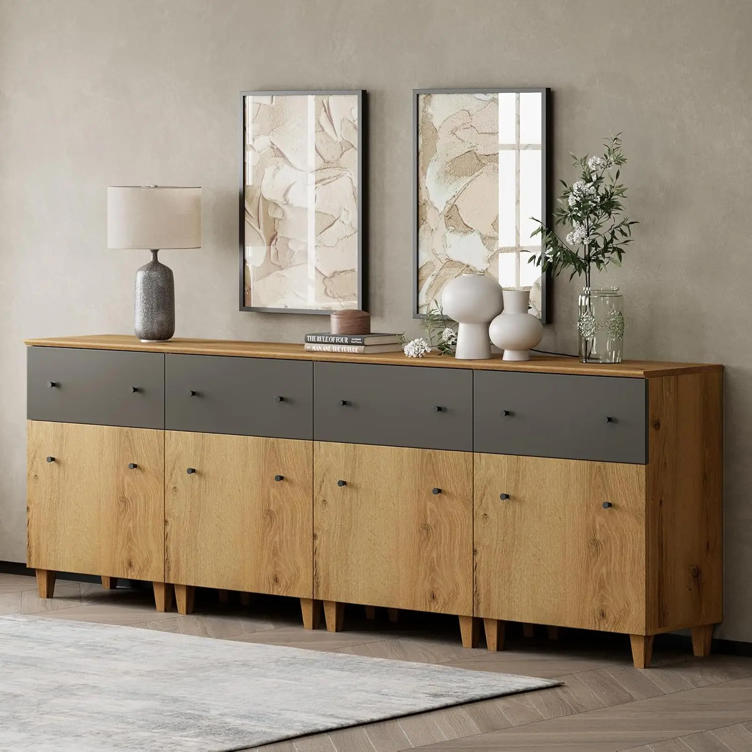 

Set of 4 Storage Cabinets for Living Room, Modern Wood Accent Cabinets Sideboard with Drawers, Doors, and Adjustable