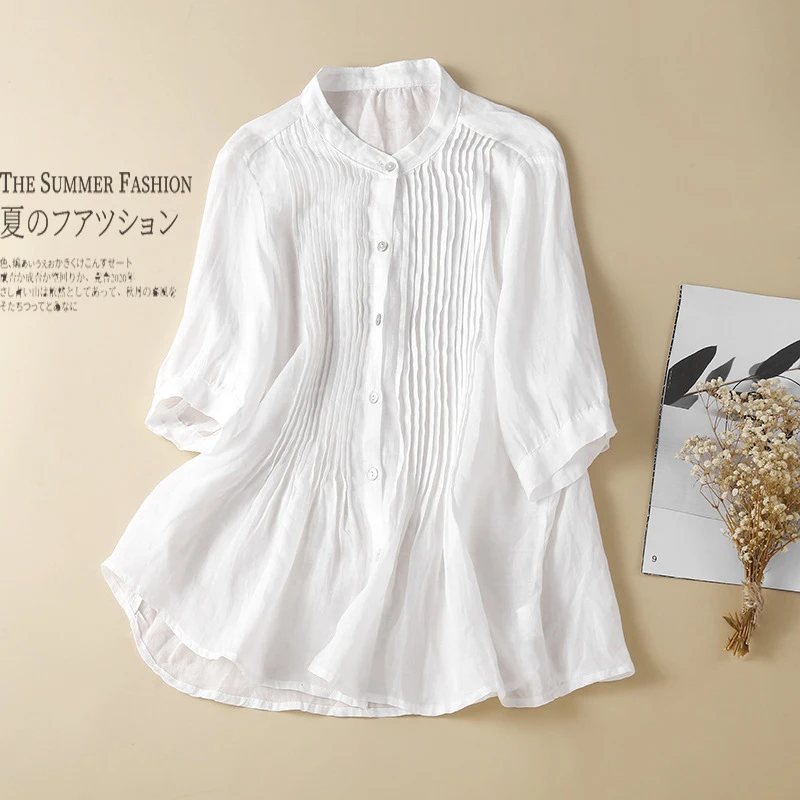 Women Cotton Linen Pleated Shirts New 2022 Summer Short Sleeve Vintage Solid Loose Comfortable Female Tops and Blouses